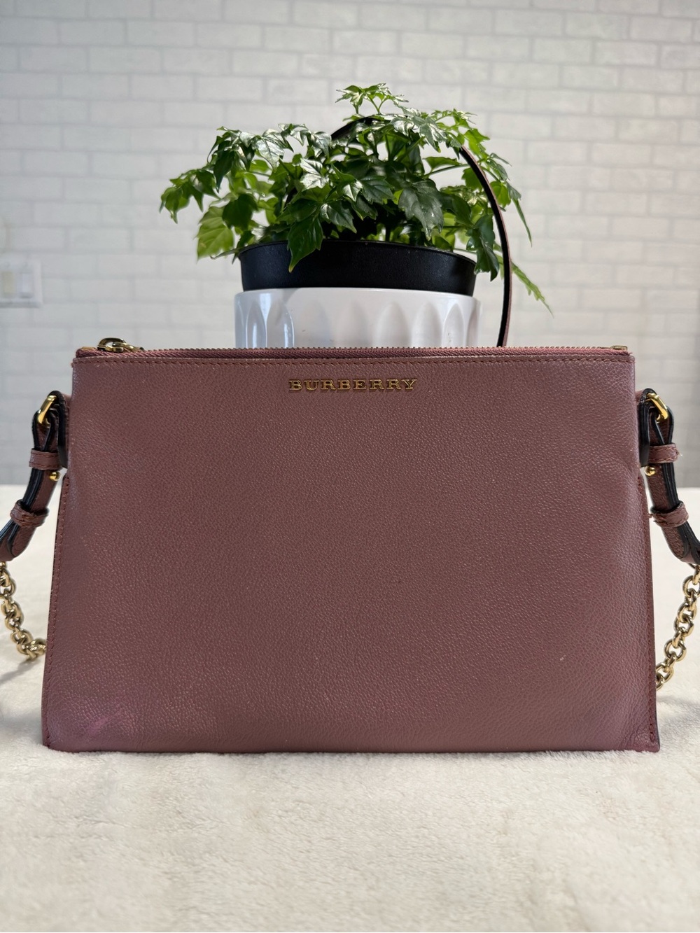 Burberry Rosewood Leather Crossbody Pouch with Gold Hardware